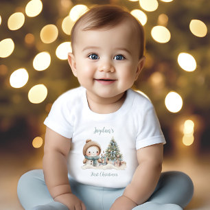 Camiseta Para Bebê Vintage Snowman Boy Blue Primeiro Nome de Natal