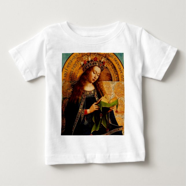 Camiseta Para Bebê Virgem Maria por Jan van Eyck (Frente)