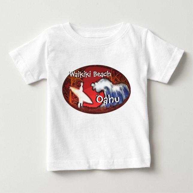 Camiseta Para Bebê Waikiki Beach Oahu Hawaii baby surfer art tee (Frente)