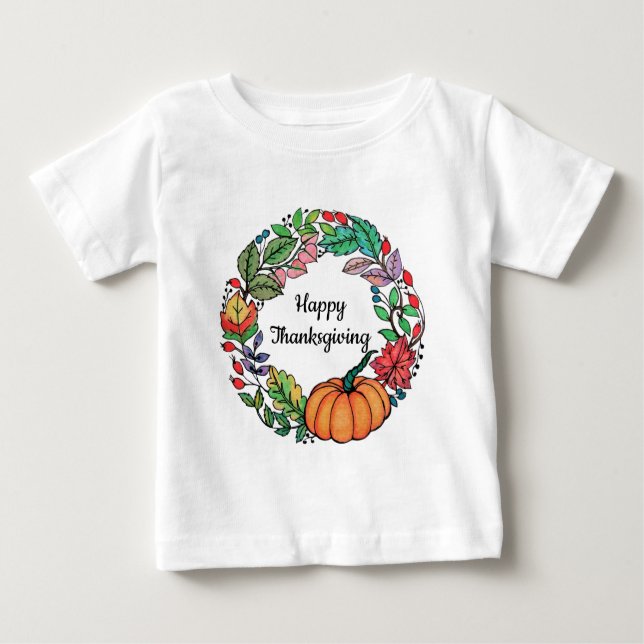 Camiseta Para Bebê Watercolor Belo Pumpkin Wreath com folhas (Frente)