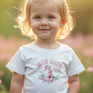 Camiseta Para Bebê Watercolor Floral Girafa Ribbon Girl Aniversário