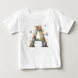 Camiseta Para Bebê Watercolor Greenery Fairies Monograma - Letra A