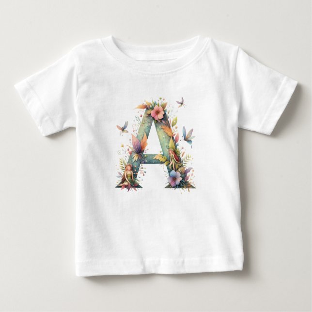Camiseta Para Bebê Watercolor Greenery Fairies Monograma - Letra A (Frente)