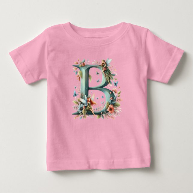 Camiseta Para Bebê Watercolor Greenery Fairies Monograma - Letra B (Frente)