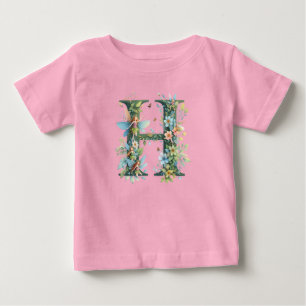 Camiseta Para Bebê Watercolor Greenery Fairies Monograma - Letra H