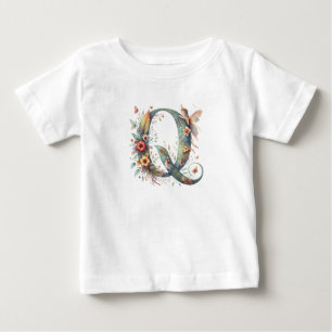 Camiseta Para Bebê Watercolor Greenery Fairies Monograma - Letra Q