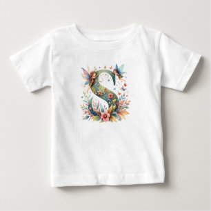 Camiseta Para Bebê Watercolor Greenery Fairies Monograma - Letra S