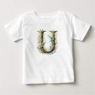 Camiseta Para Bebê Watercolor Greenery Fairies Monograma - Letra U