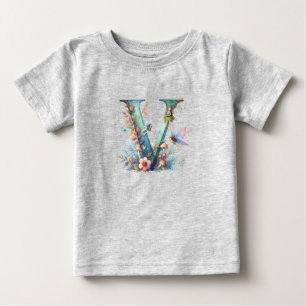 Camiseta Para Bebê Watercolor Greenery Fairies Monograma - Letra V