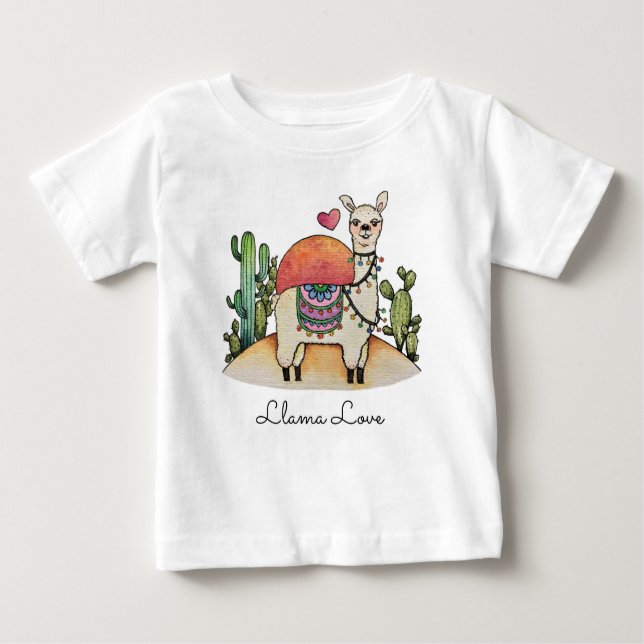 Camiseta Para Bebê Watercolor Llama com cacto (Frente)