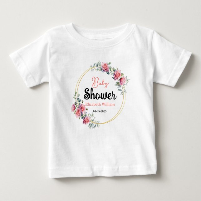 Camiseta Para Bebê Watercolor Roses & Eucalyptus Baby Shower (Frente)