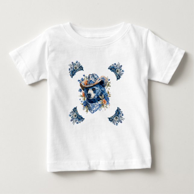 Camiseta Para Bebê Western Cowboy Bear - Blue Bear with Floral Bandan (Frente)