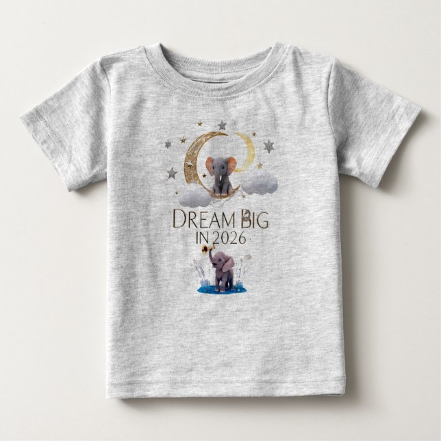 Camiseta Para Bebê Whimsical Elephant Moon "Dream Big 2026" Baby Fine (Frente)