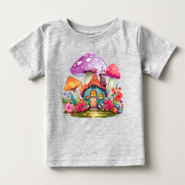 Camiseta Para Bebê Whimsy Wonderland Mushroom House Bebê Bodô (Frente)