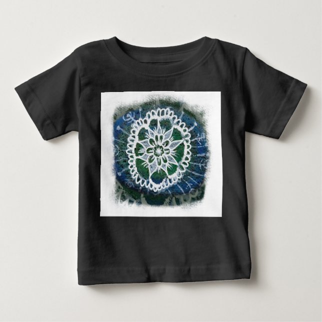 Camiseta Para Bebê White mandala azul fundo Orgânico Bodô (Frente)