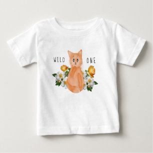 Camiseta Para Bebê Wild One - Baby Cat and Flowers primeiro aniversar