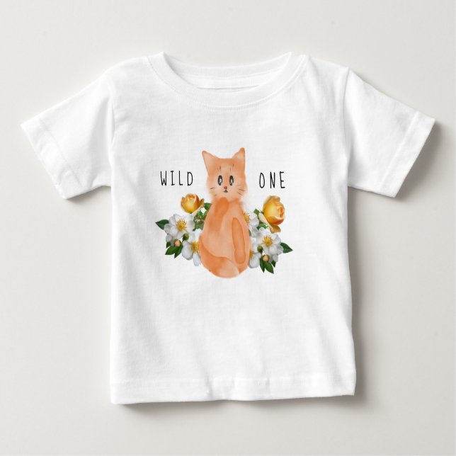 Camiseta Para Bebê Wild One - Baby Cat and Flowers primeiro aniversar (Frente)
