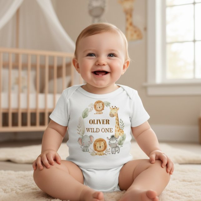 Camiseta Para Bebê Wild One Boy 1st Birthday Safari Baby (Criador carregado)