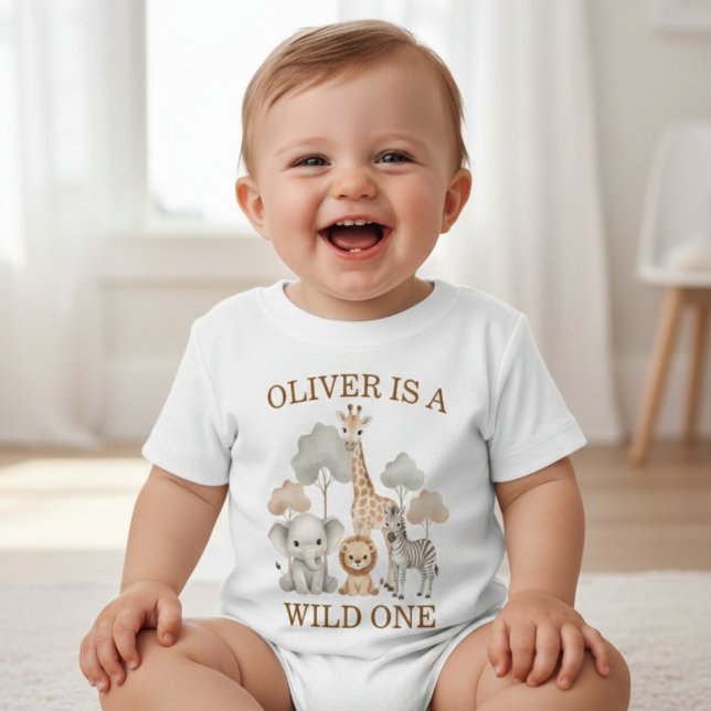 Camiseta Para Bebê Wild One Boy 1st Birthday Safari Baby (Criador carregado)