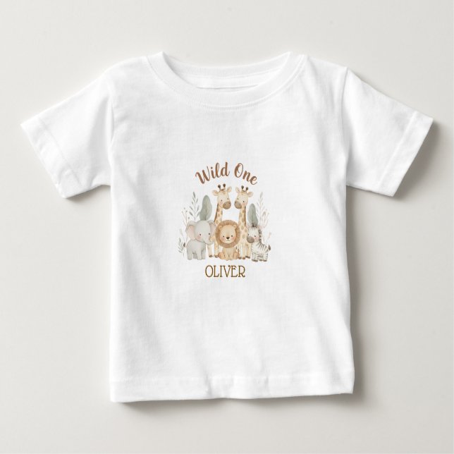 Camiseta Para Bebê Wild One Boy 1st Birthday Safari Baby (Frente)