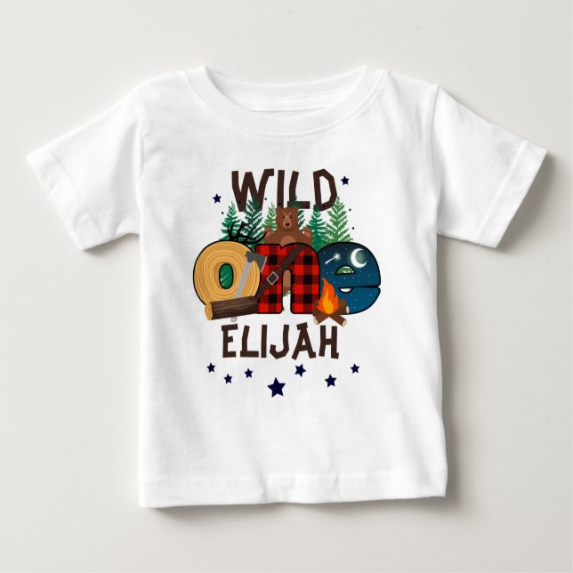 Camiseta Para Bebê Wild one Lumberjack Birthday Boy | Urso De Madeira (Frente)