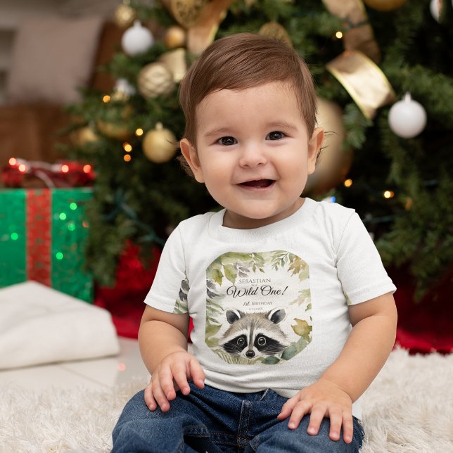 Camiseta Para Bebê Wild One primeiro aniversario Woodland Raccoon (Criador carregado)