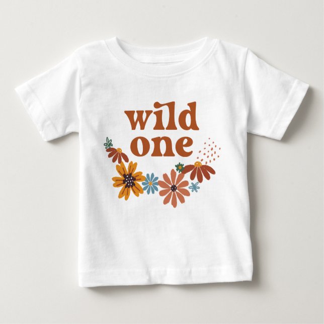 Camiseta Para Bebê Wild One Retro Boho Wildflower primeiro aniversari (Frente)
