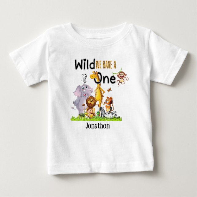 Camiseta Para Bebê Wild One Safari Animals 1st Birthday cartoon Invit (Frente)