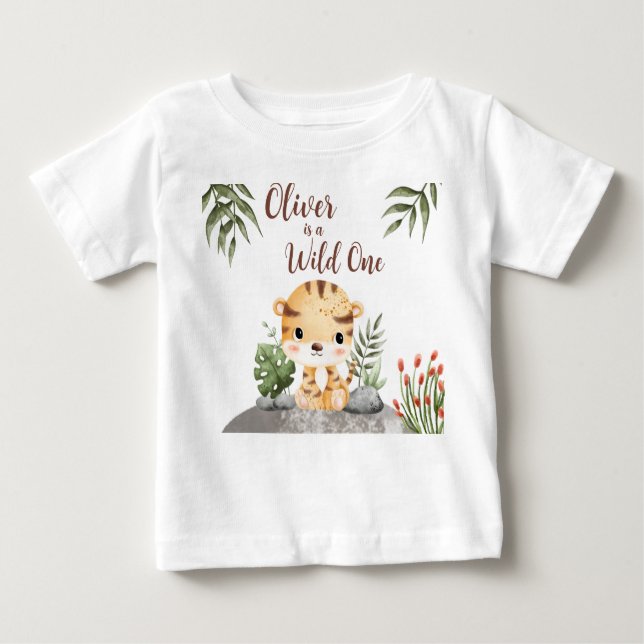 Camiseta Para Bebê Wild One Safari Animals Cute Tiger 1st Birthday (Frente)