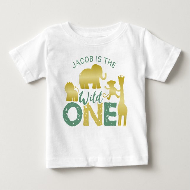 Camiseta Para Bebê Wild One Safari Selgle primeiro aniversario Dourad (Frente)