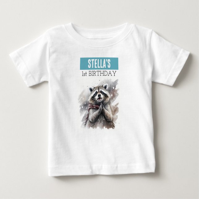 Camiseta Para Bebê Winter Vibes Raccoon - T-shirt primeiro aniversari (Frente)