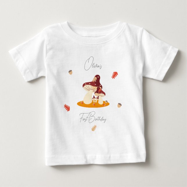 Camiseta Para Bebê Woodland Forest Mushroom Primeiro Aniversário (Frente)
