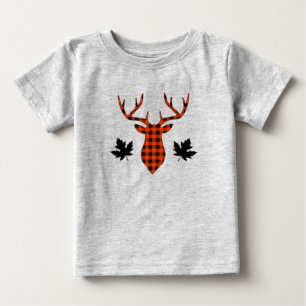 Camiseta Para Bebê Xadrez Búfalo Vermelho Cervo Veado Folha de Bordo