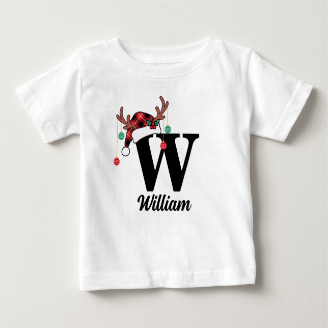 Camiseta Para Bebê Xadrez de Natal da Família Monograma Personalizada (Frente)