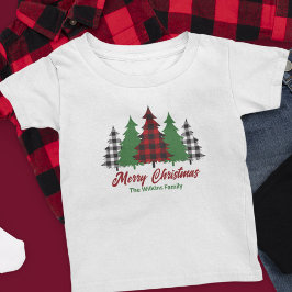 Camiseta Para Bebê Xadrez Vermelha Rústica Árvores de Natal Feliz Per