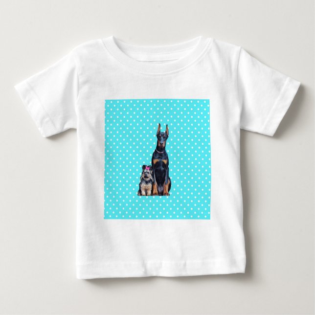Camiseta Para Bebê Yorkshire Terrier Doberman Bolinhas azuis (Frente)