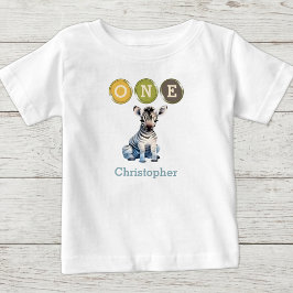 Camiseta Para Bebê Zebra 1º Aniversário um com nome azul