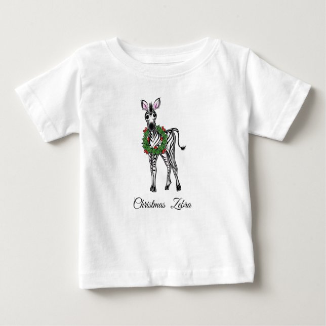 Camiseta Para Bebê Zebra Natal Festiva, coroa verde vermelha (Frente)