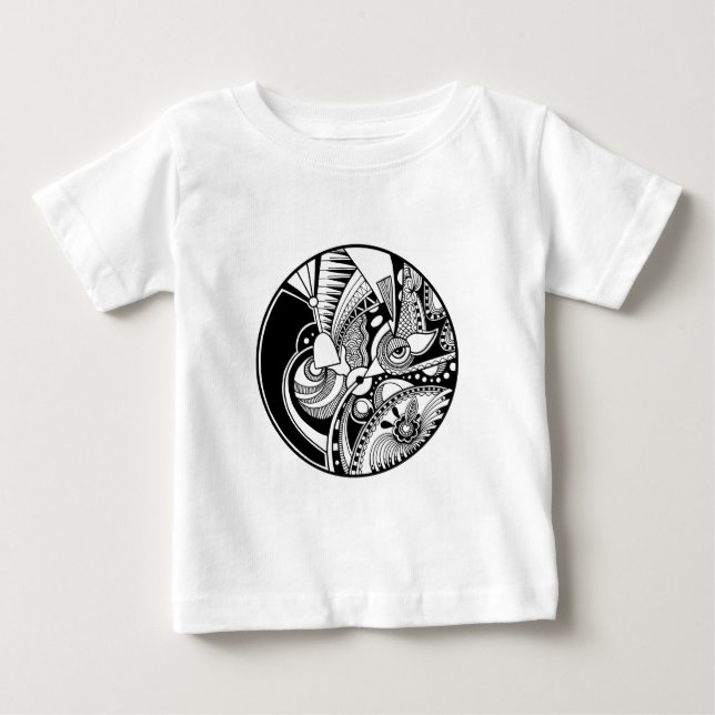 Camiseta Para Bebê Zendala abstrato preto e branco no círculo (Frente)
