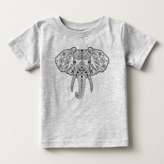 Camiseta Para Bebê Zentangle inspirou o elefante (Frente)