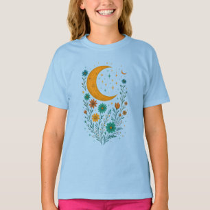 Camiseta para meninas com arte floral e lua celest