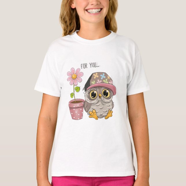 Camiseta para Meninas da Flor da Coruja Fofa - Uva (Frente)