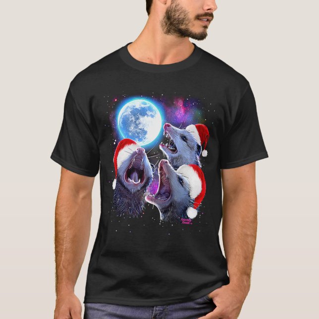 Camiseta Para o Natal, três gambás uivando na Lua P (Frente)