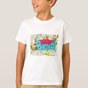 Camiseta Parabéns Coloridos, Doodle de Aniversário com Elem