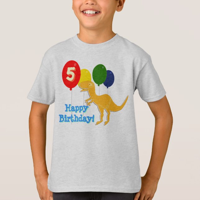 Camiseta Parabéns T-Rex 5 Anos Balões T-Shirt (Frente)