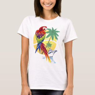 Camiseta Paraíso tropical com Macaw e navio de cruzeiros