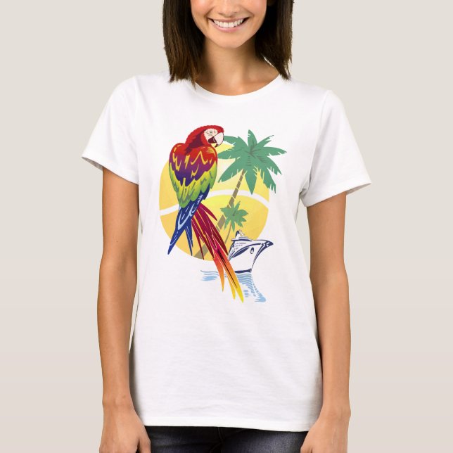 Camiseta Paraíso tropical com Macaw e navio de cruzeiros (Frente)