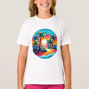 Camiseta Paraíso Tropical Sunset Beach Relaxando Pixel Art