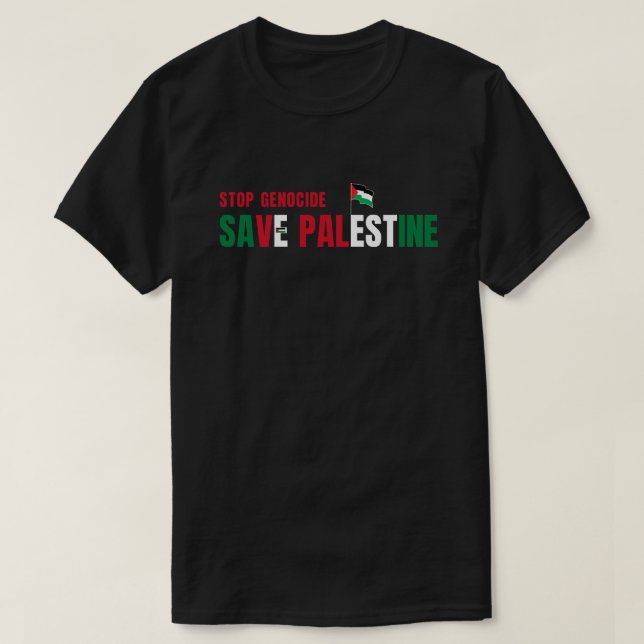 Camiseta Parar Genocídio Salvar Texto de Bandeira Palestina (Frente do Design)