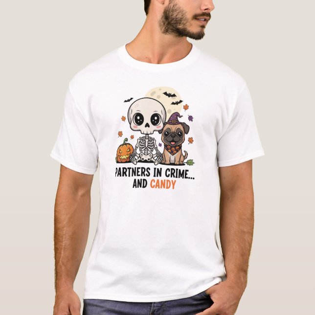 Camiseta Parceiro em Crime Skeleton & Dog Halloween Tee (Frente)